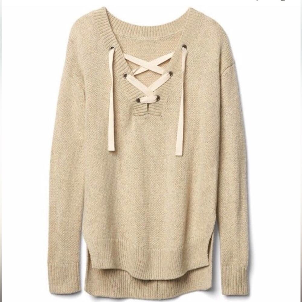 Gap Oatmeal Sweater Lace Up Front Tan Cozy Knit Long Sleeve Old Money Medium